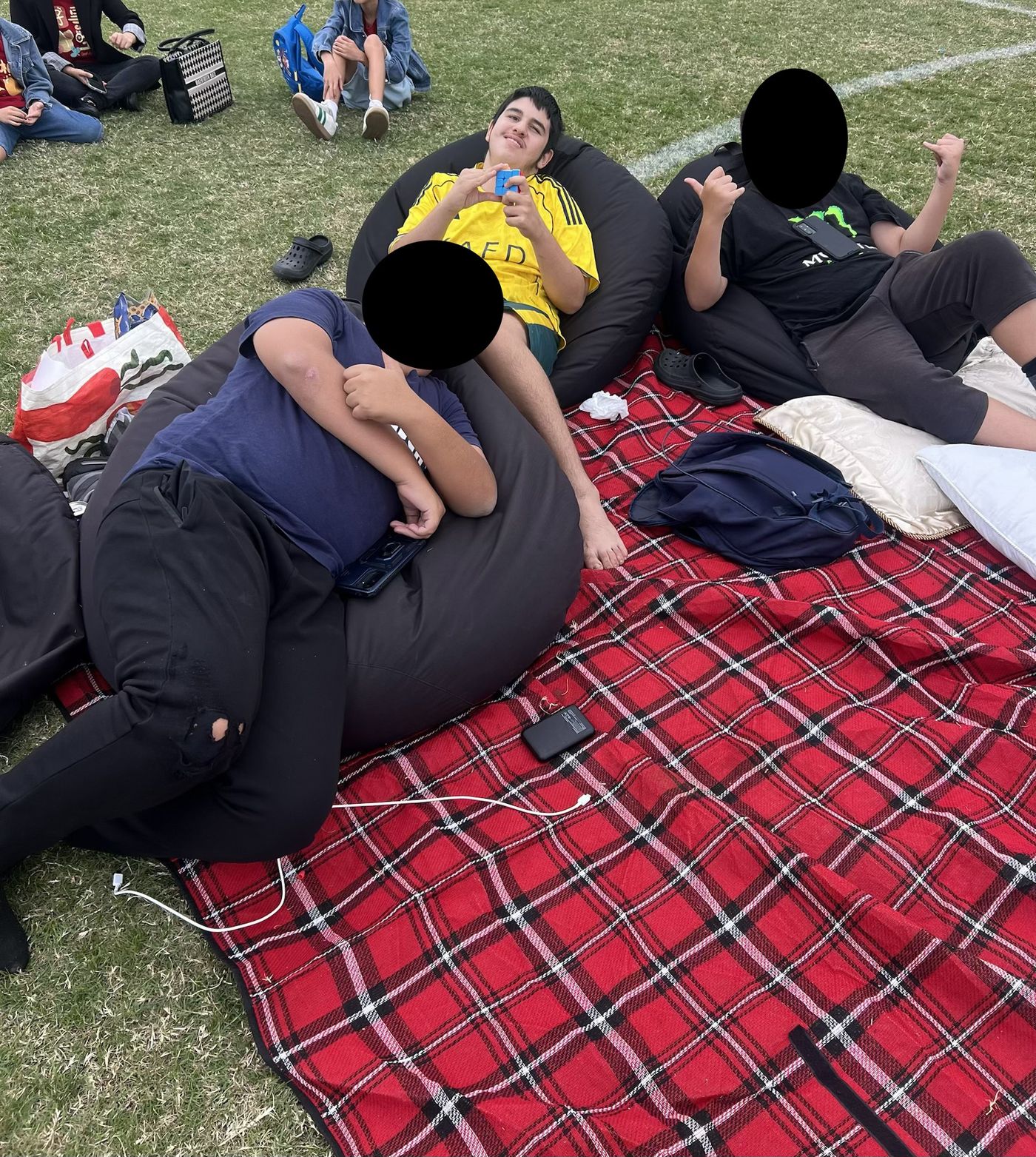 Young people relaxing together on a picnic rug